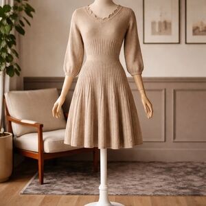 Nanette Lepore Taupe Knit Scalloped V-Neck Fit-and-Flare Dress